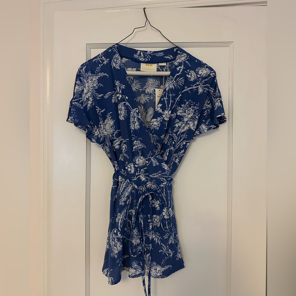 Maeve by Anthropologie Blue Floral Wrap blouse